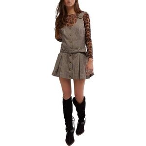 Free People Brown Herringbone Button Front Belted Pinafore Mini Dress OB1054362